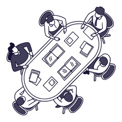 Diverse group of business professionals gathered around an oval conference table discussing ideas