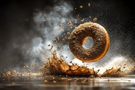 Flying donut covered in crumbs creates a dramatic splash during a culinary demonstration in a modern kitchen