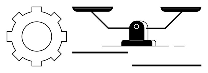 Gear and balance scale combination symbolizing efficiency, justice, and equilibrium. Ideal for business, law, fairness, management, strategy teamwork process optimization. Simple flat metaphor