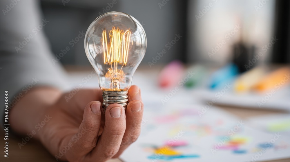 Aufkleber creative designer holding a glowing light bulb in his hand. symbolizing a new idea or solution. with