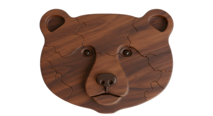 Brown wooden bear puzzle presents detailed wood grain in a studio shot. Great for educational product photography or unique branding elements.