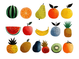 A colorful collection of various fruits including watermelon, orange, pear, apple, banana, pineapple, kiwi, plum, and berry, isolated on a transparent background