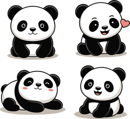 Cute cartoon panda illustrations, kawaii baby pandas with bamboo and heart, adorable animal characters for kids, nursery art, and decoration