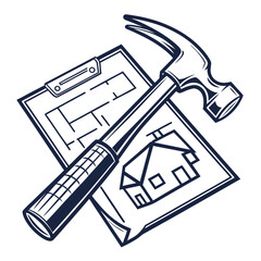 Hammer resting on architectural blueprints and house plans for construction and renovation projects