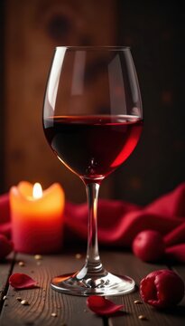 Rich red wine in crystal glass, soft candlelight glow , home, shadows