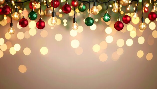 Festive Christmas background with hanging red, green, and gold ornaments and glowing string lights against a blurred bokeh backdrop.