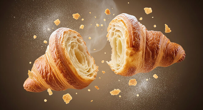 Gourmet Croissant Pastry Advertising Style with Flakes, Mist, and Warm Light