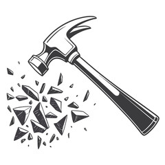 Hammer striking and shattering objects into many small fragments and pieces