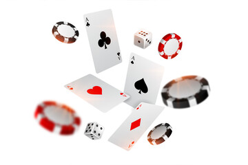 Fototapeta na wymiar playing casino card chips and dice flying background, poker, chips, poker chips on a white background, casino, cards, playing cards