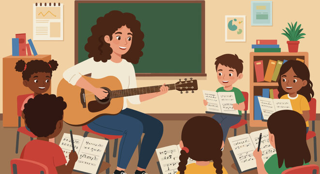 A smiling teacher plays an acoustic guitar for a diverse group of young students engaged in a music lesson within a classroom setting.