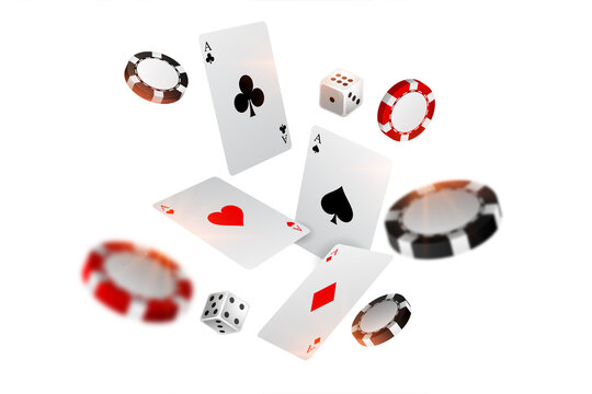 playing casino card chips and dice flying background, poker, chips, poker chips on a white background, casino, cards, playing cards