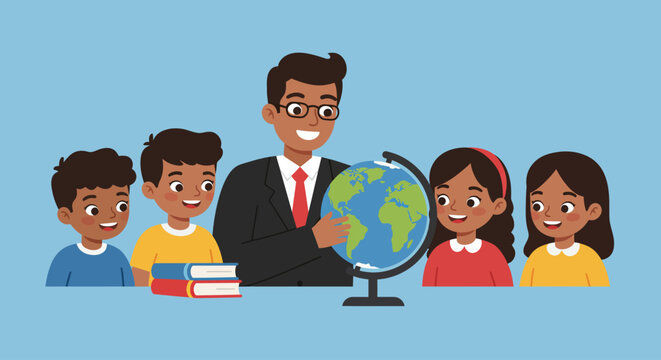 A smiling teacher in a suit points to a globe, surrounded by four diverse, attentive young students in a classroom setting, suggesting a geography lesson. - Powered by Adobe