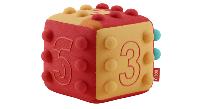 Red and yellow soft texture cube shows rounded numbers, uses soft lighting. Great for product photography or a children's branding theme.