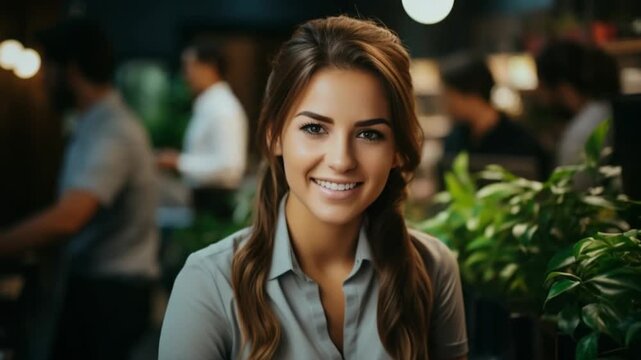 A barista smiles warmly while preparing coffee in a bustling cafe. Patrons chat at tables, and the atmosphere is lively with plants and bright lighting