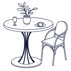 Simple line drawing of a cafe table with a chair plant wine glass and coffee cup