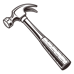 Stylized black and white illustration of a claw hammer tool on a white background