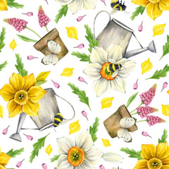 A bright seamless floral pattern of yellow and white daffodils, pink muscari in clay pots, garden watering cans, butterflies and bumblebees. Watercolor illustration for fabric, wrapping paper, cover.