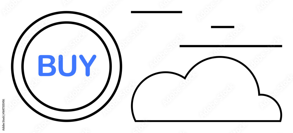 Poster circular buy button with bold text next to a stylized cloud icon with straight slashes. ideal for on