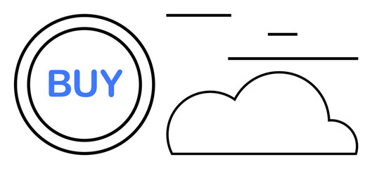 Circular buy button with bold text next to a stylized cloud icon with straight slashes. Ideal for online shopping, e-commerce, digital transactions, cloud computing, minimalism, modern design, simple