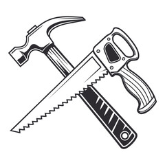 Vintage black and white illustration of a crossed hammer and hand saw on a white background