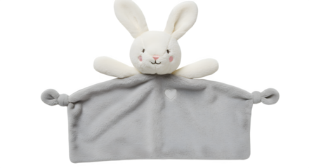 White bunny plush with gray textured blanket sits isolated on black. Use for product photography, baby branding, or poster background.