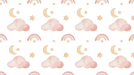 Seamless pattern of clouds moons stars and rainbows on black background