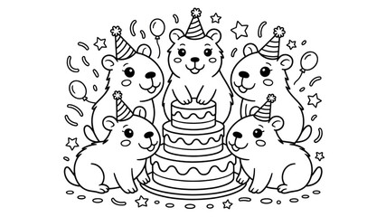 Naklejka premium Adorable Bears Celebrating Birthday with Cake and Party Hats - Doodle Style Illustration