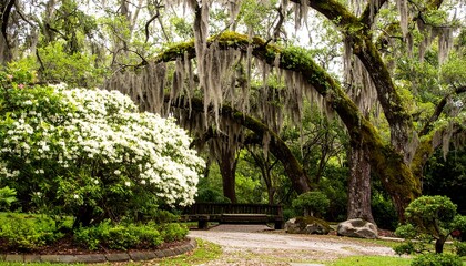 Lush garden with Spanish moss draped trees
