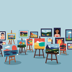 Fototapeta premium A vibrant art gallery exhibition showcasing a diverse collection of colorful paintings displayed on easels against a serene blue wall, featuring landscapes, ...