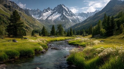 Obraz premium Majestic snowcapped mountain range with a winding river flowing through a lush green valley and forest on a clear summer day