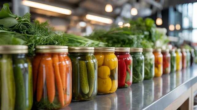 Row of Colorful Pickled Vegetables in Glass Jars with Fresh Green Herbs Displayed on Stainless Steel Counter in Bright Kitchen