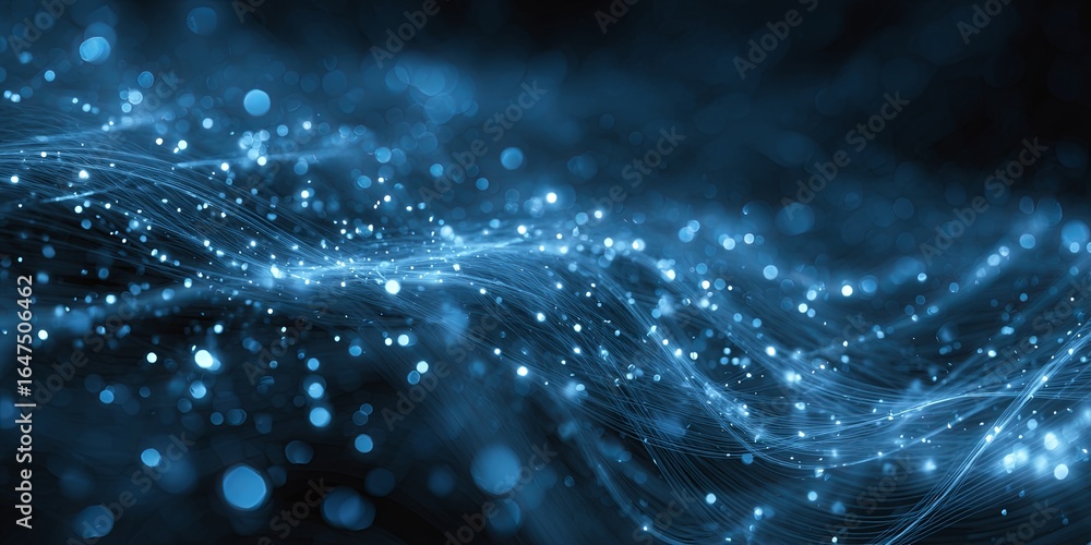 Poster abstract blue background with sparkling lights and glowing lines creating a sense of depth and movem