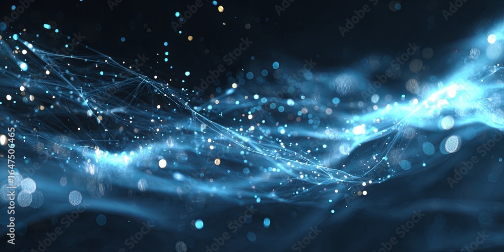Poster abstract blue background with sparkling lights and glowing lines creating a sense of depth and movem