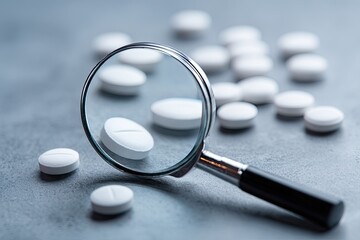 Magnifying glass examining pills on a surface