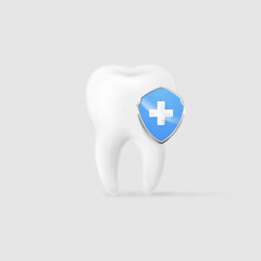 3D tooth with blue medical shield icon representing dental care, oral health protection, and hygiene concept on a clean background.