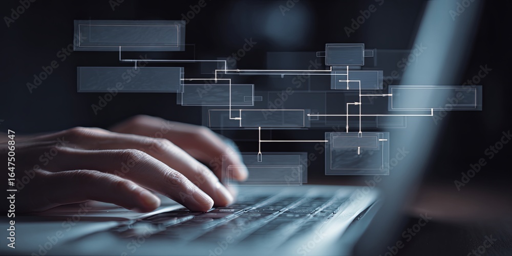 Aufkleber hands using laptop with flowchart graphics overlaid on digital screen for business strategy planning