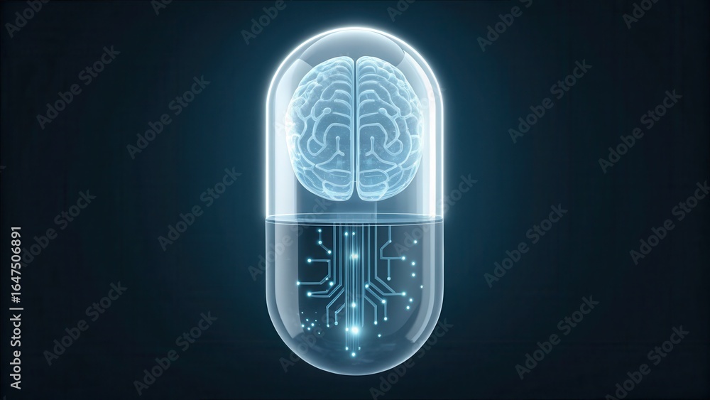 Poster futuristic brain interface within a transparent capsule design