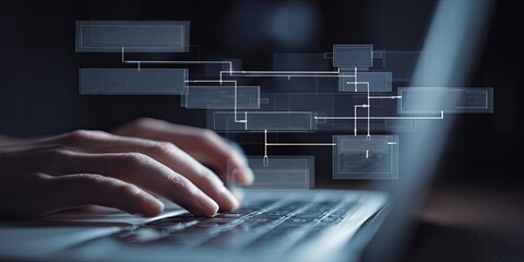 Hands Using Laptop with Flowchart Graphics Overlaid on Digital Screen for Business Strategy Planning
