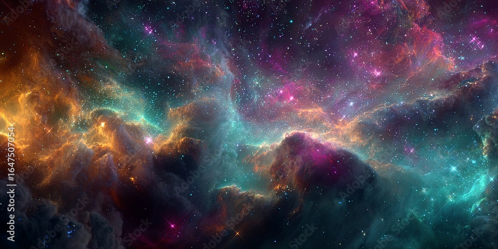 Poster colorful abstract representation of cosmic structures in deep space with stars and nebulae