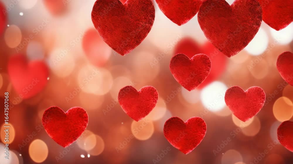 Poster red shiny hearts on white background with blurred bokeh light effect.