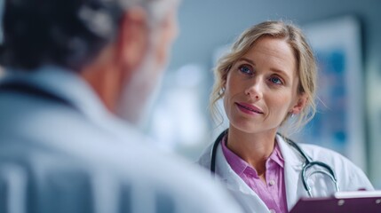 Female doctor in a lab coat and stethoscope attentively listening to her senior patient during a medical consultation in a hospital room, fostering trust and communication
