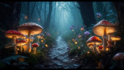 Magical forest path with glowing mushrooms