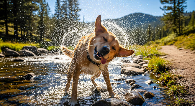 Golden Retriever Shaking Water Off in Mountain Stream