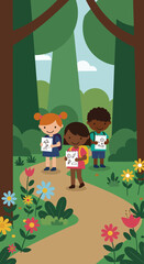 Naklejka premium Three diverse children exploring a vibrant forest path filled with colorful flowers and tall trees, holding their nature study notes.