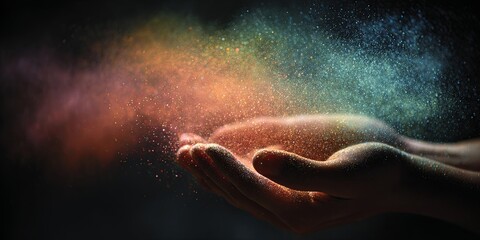 Fototapeta premium Hands Releasing a Cloud of Light and Colorful Particles Against a Dark Background