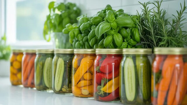 Row of Glass Jars Filled with Colorful Pickled Vegetables on Kitchen Counter with Fresh Green Herbs in Bright Natural Light