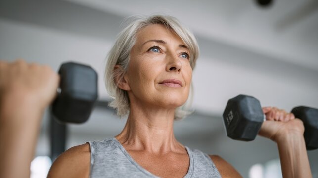 Determined senior woman lifting weights, focusing on strength training, demonstrating commitment to fitness, active lifestyle, and healthy aging in gym or home setting
