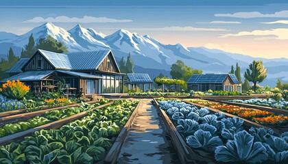 PASTELOWA ILUSTRACJA WIEJSKIEJ SIELANKI Z GÓRAMI W TLE