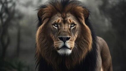 Majestic lion portrait in a misty forest