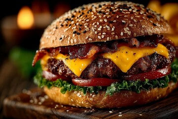 Juicy cheeseburger with crispy bacon and fresh lettuce on wooden board invites indulgence
